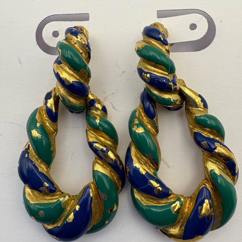 Vintage Twisted Blue Green Enamel Gold Tone Drop Earrings